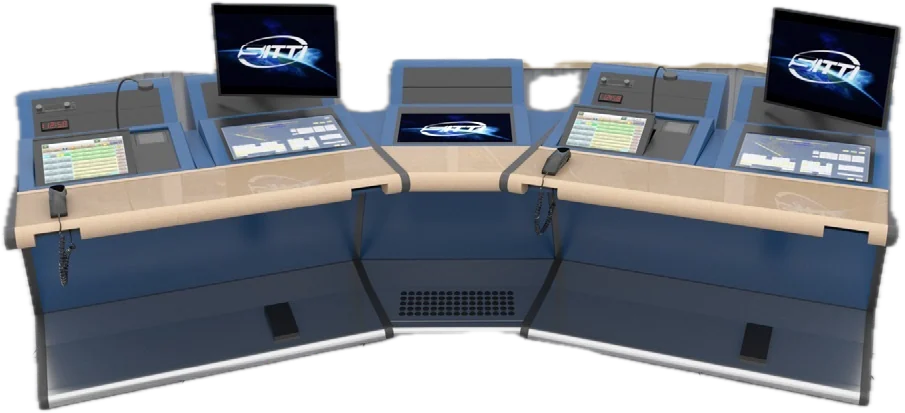 Air traffic control console with controller working positions and display screens