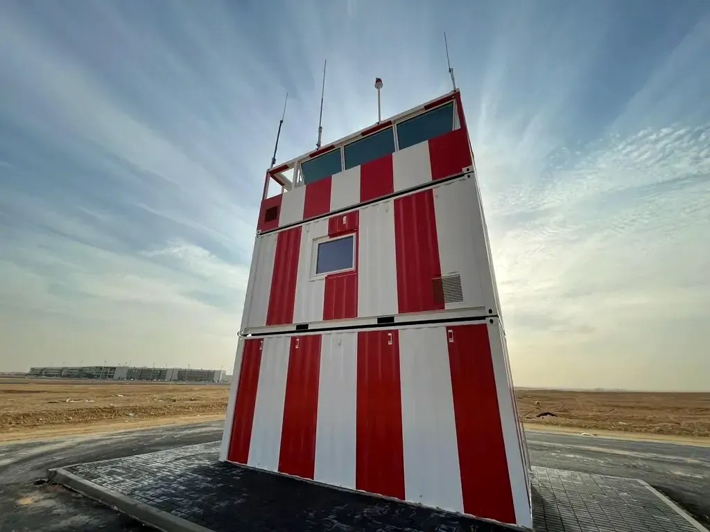 Modular air traffic control tower standing on a desert airfield