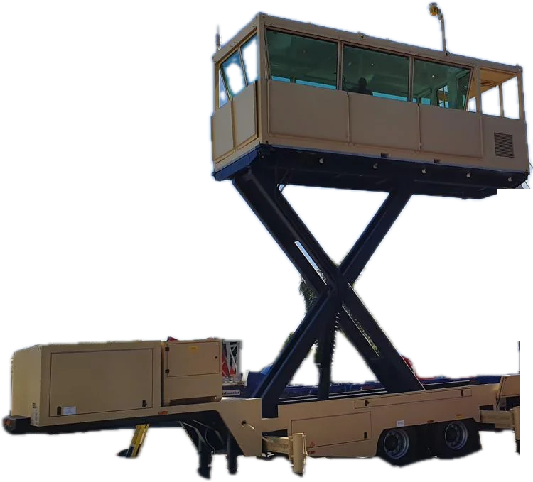 Mobile ATC cab raised on a scissor lift above a towed trailer